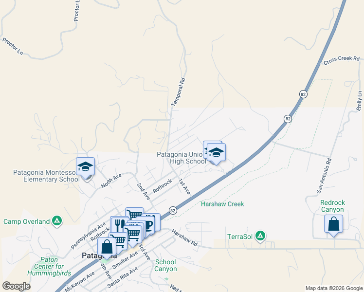 map of restaurants, bars, coffee shops, grocery stores, and more near 140 Three R Avenue in Patagonia