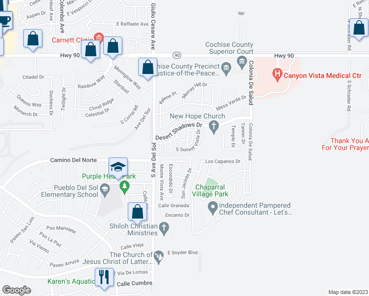 map of restaurants, bars, coffee shops, grocery stores, and more near 769 South Sunset Vista Drive in Sierra Vista