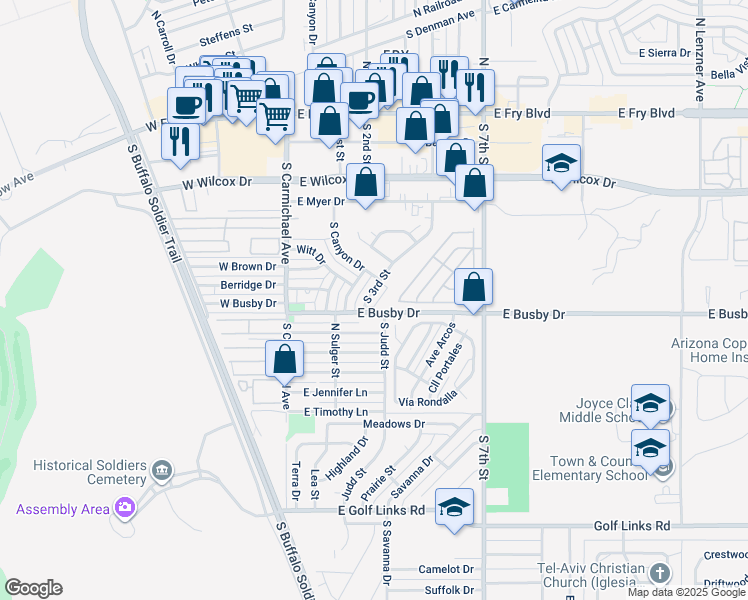 map of restaurants, bars, coffee shops, grocery stores, and more near 603 South 3rd Street in Sierra Vista