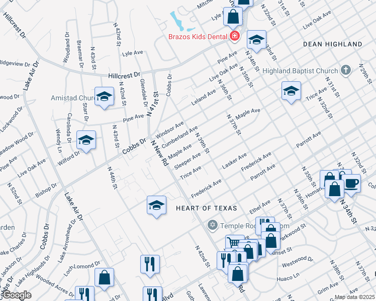 map of restaurants, bars, coffee shops, grocery stores, and more near 3924 Maple Ave in Waco