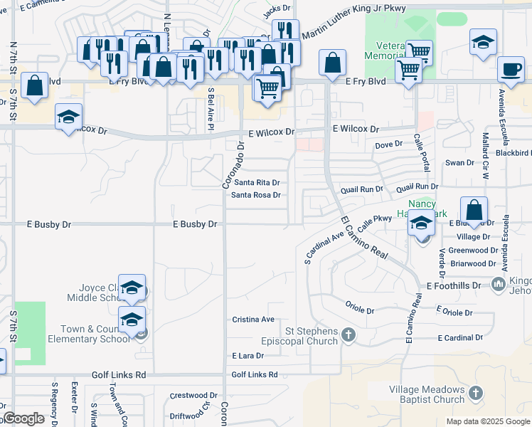 map of restaurants, bars, coffee shops, grocery stores, and more near 2248 East Santa Teresa Drive in Sierra Vista