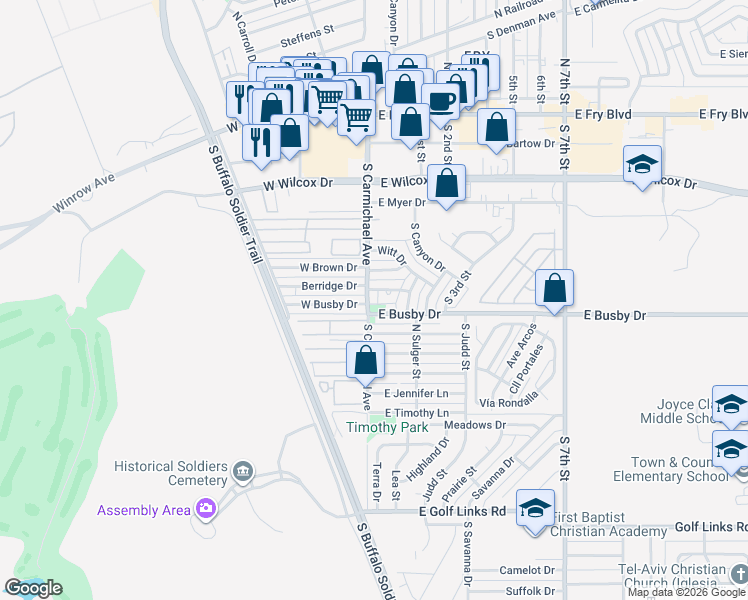 map of restaurants, bars, coffee shops, grocery stores, and more near 621 South Carmichael Avenue in Sierra Vista