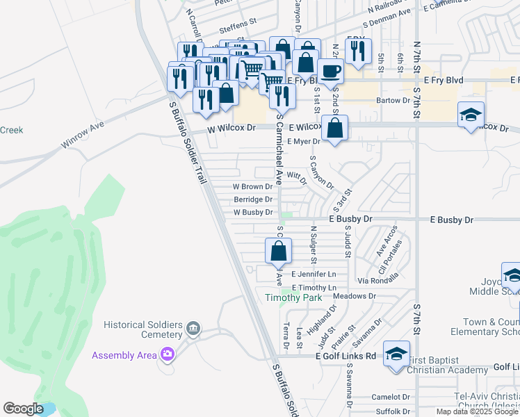 map of restaurants, bars, coffee shops, grocery stores, and more near 165 West Busby Drive in Sierra Vista