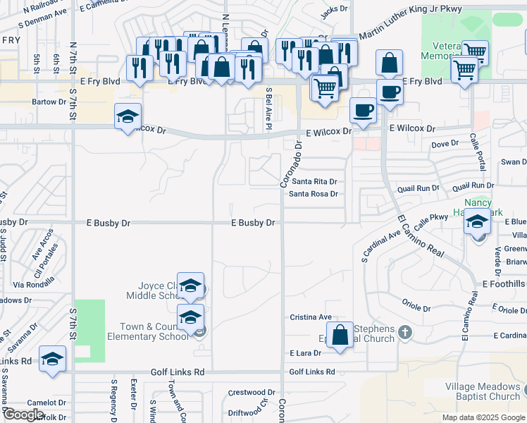 map of restaurants, bars, coffee shops, grocery stores, and more near 660 South Coronado Drive in Sierra Vista