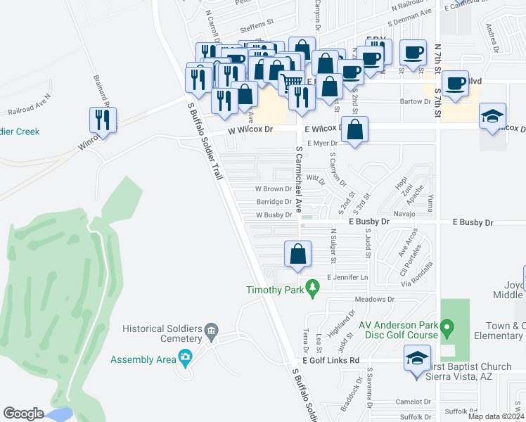 map of restaurants, bars, coffee shops, grocery stores, and more near 265 West Busby Drive in Sierra Vista