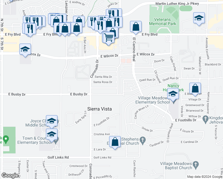 map of restaurants, bars, coffee shops, grocery stores, and more near 2248 East Santa Teresa Drive in Sierra Vista