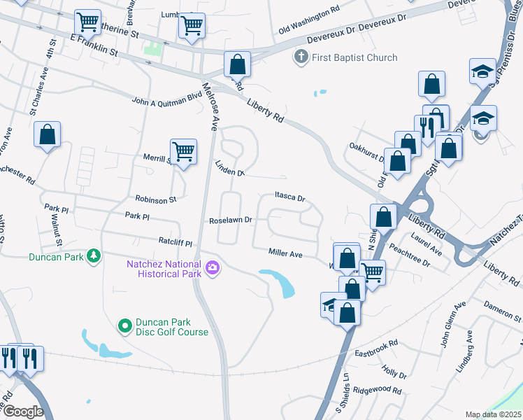 map of restaurants, bars, coffee shops, grocery stores, and more near 2713 Marquette Avenue in Natchez