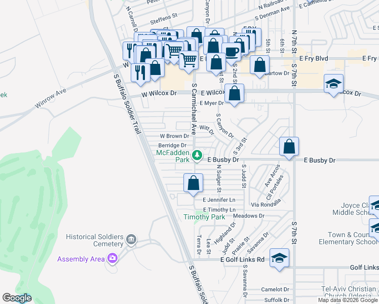 map of restaurants, bars, coffee shops, grocery stores, and more near 621 South Carmichael Avenue in Sierra Vista