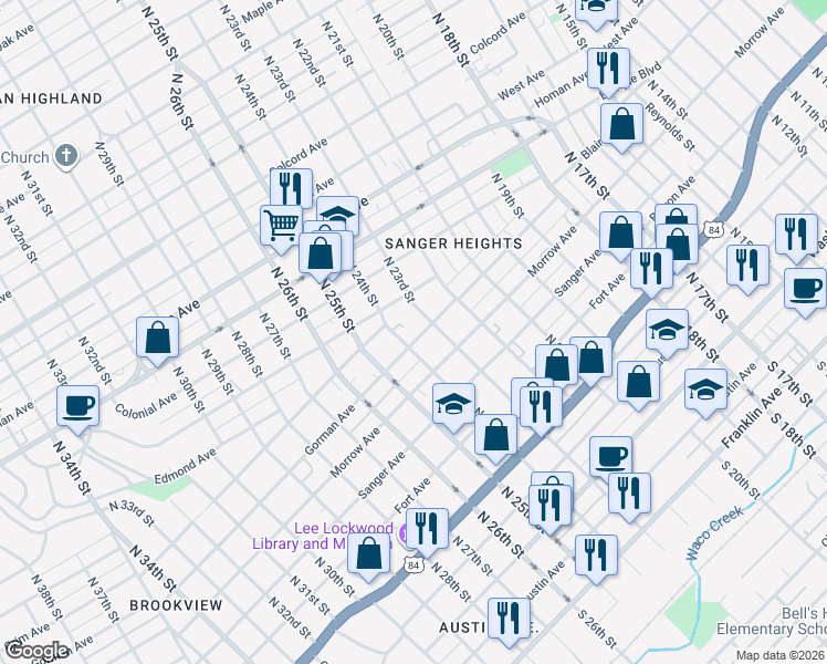 map of restaurants, bars, coffee shops, grocery stores, and more near 2315 Gorman Avenue in Waco