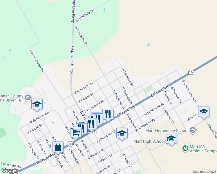 map of restaurants, bars, coffee shops, grocery stores, and more near 315 N Carpenter St in Mart