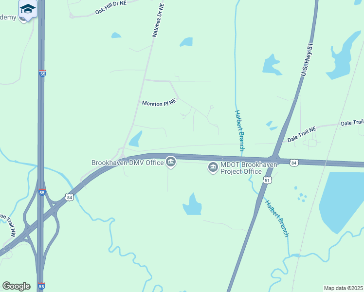 map of restaurants, bars, coffee shops, grocery stores, and more near Old Highway 51 in Brookhaven
