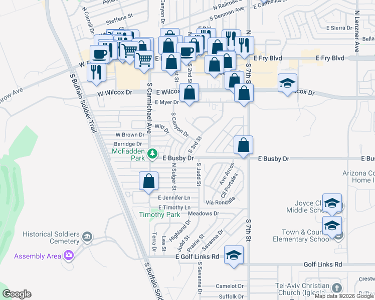 map of restaurants, bars, coffee shops, grocery stores, and more near 610 South 3rd Street in Sierra Vista