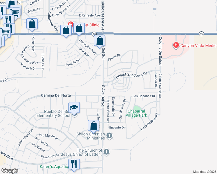 map of restaurants, bars, coffee shops, grocery stores, and more near 712 South Sunset Vista Drive in Sierra Vista