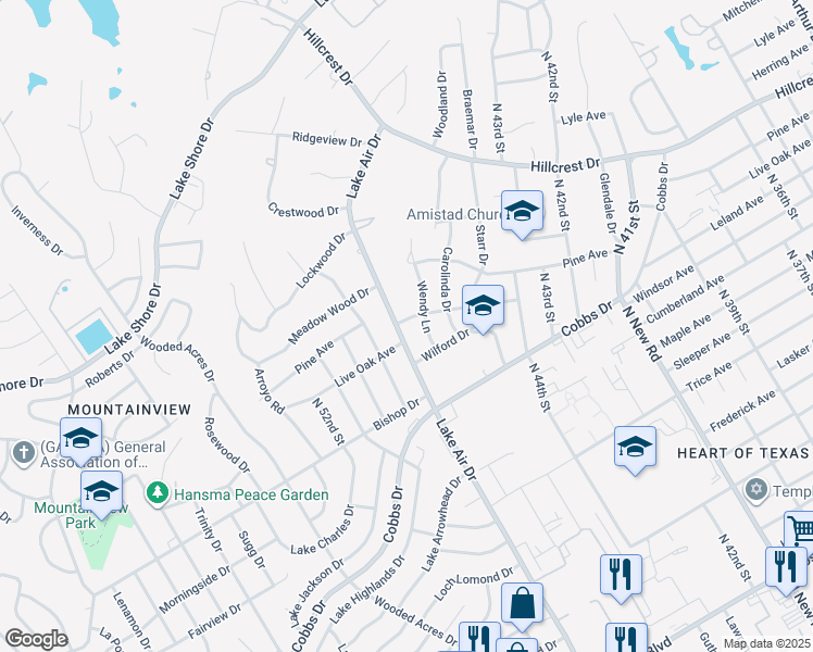 map of restaurants, bars, coffee shops, grocery stores, and more near 2416 Lake Air Drive in Waco