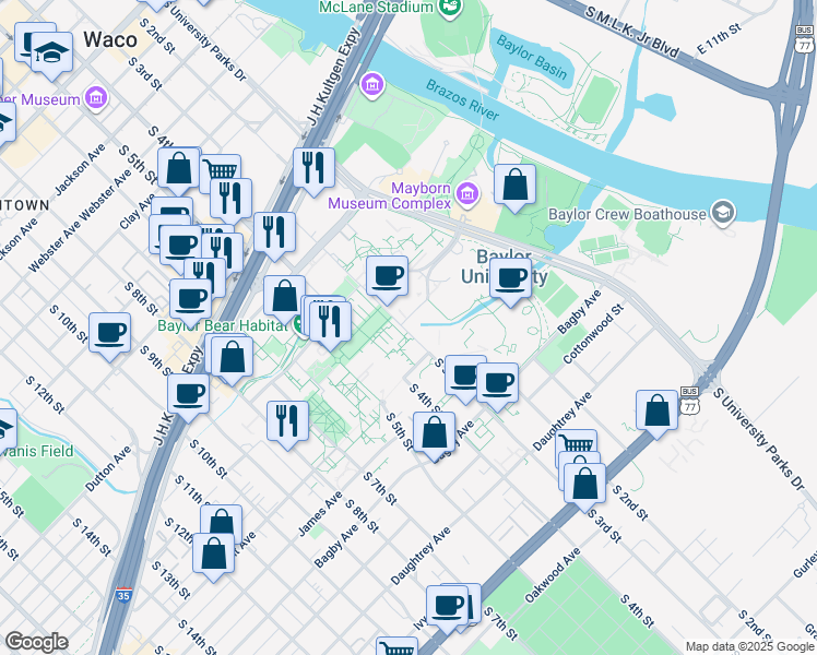 map of restaurants, bars, coffee shops, grocery stores, and more near 1416 South 3rd Street in Waco
