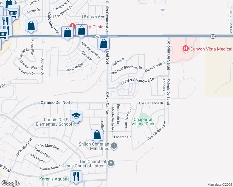 map of restaurants, bars, coffee shops, grocery stores, and more near 712 South Sunset Vista Drive in Sierra Vista