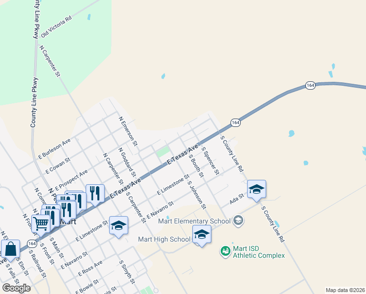 map of restaurants, bars, coffee shops, grocery stores, and more near 1311 East Texas Avenue in Mart