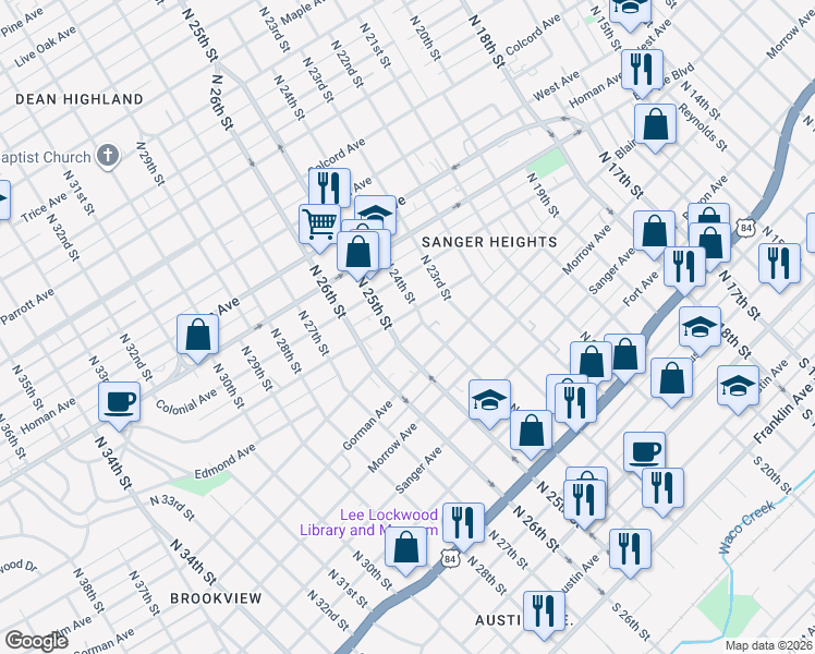 map of restaurants, bars, coffee shops, grocery stores, and more near 2411 Grim Ave in Waco