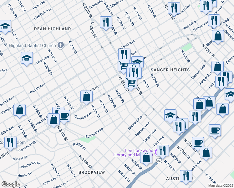 map of restaurants, bars, coffee shops, grocery stores, and more near 2709 Colonial Avenue in Waco