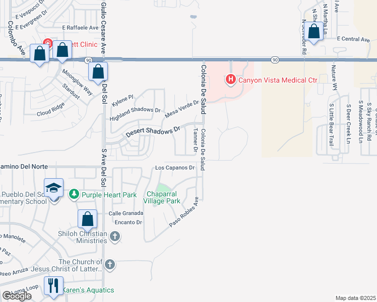 map of restaurants, bars, coffee shops, grocery stores, and more near 747 Temple Drive in Sierra Vista