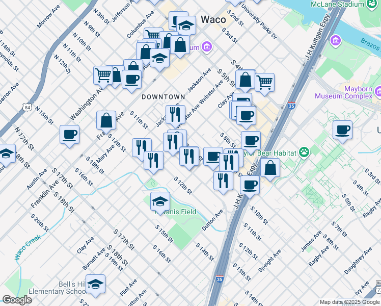 map of restaurants, bars, coffee shops, grocery stores, and more near 623 South 10th Street in Waco