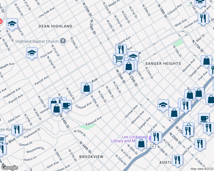 map of restaurants, bars, coffee shops, grocery stores, and more near 2709 Colonial Avenue in Waco