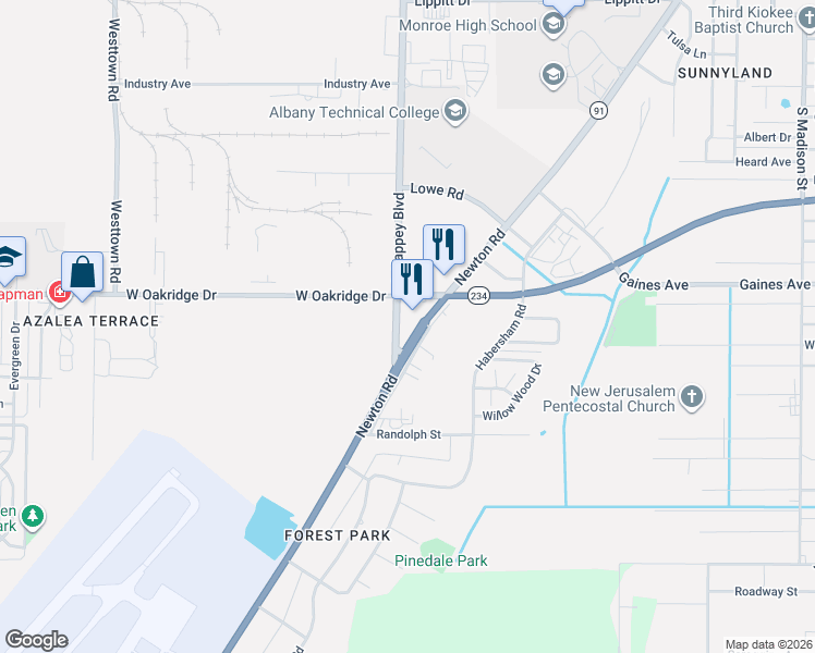 map of restaurants, bars, coffee shops, grocery stores, and more near 1820 North Slappey Boulevard in Albany