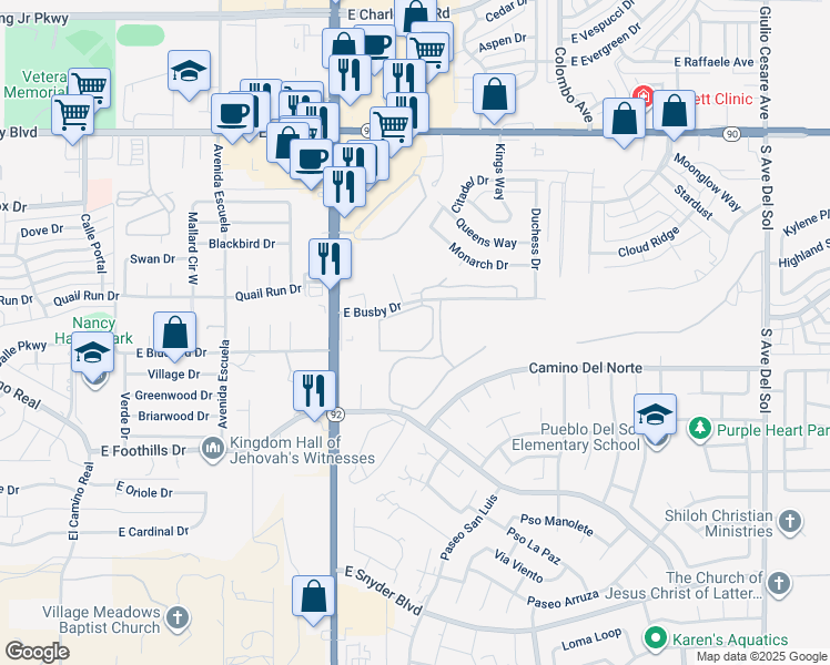 map of restaurants, bars, coffee shops, grocery stores, and more near 4250 East Busby Drive in Sierra Vista