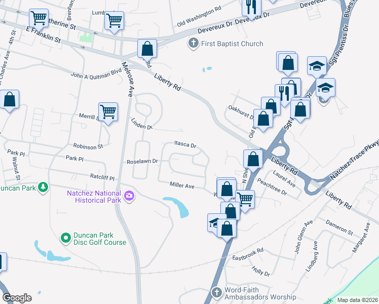 map of restaurants, bars, coffee shops, grocery stores, and more near 2809 Marquette Avenue in Natchez