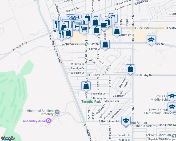 map of restaurants, bars, coffee shops, grocery stores, and more near 611 South Carmichael Avenue in Sierra Vista