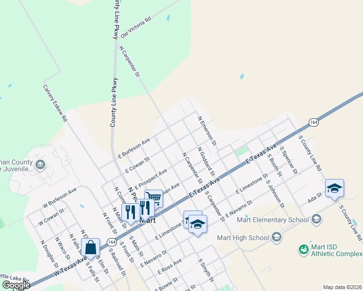 map of restaurants, bars, coffee shops, grocery stores, and more near 315 North Carpenter Street in Mart
