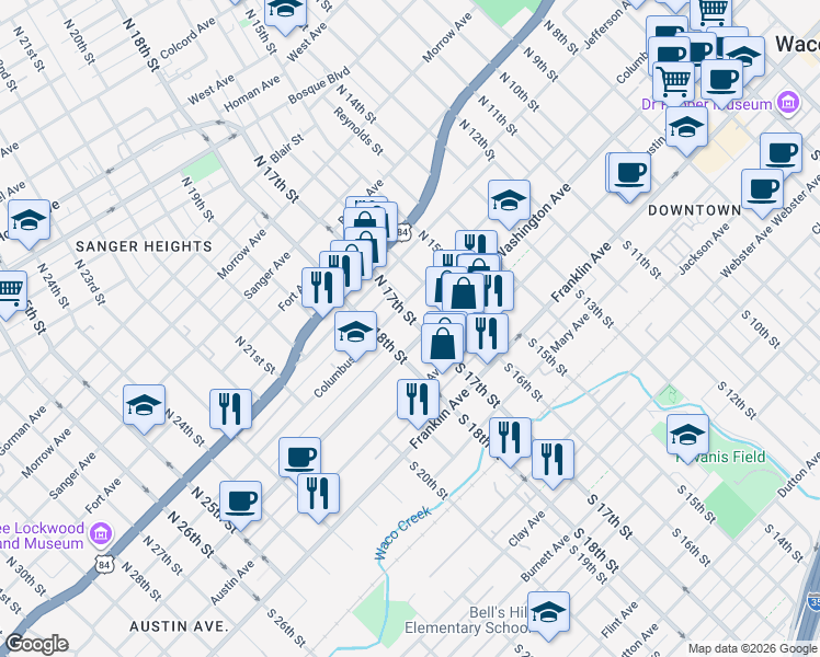 map of restaurants, bars, coffee shops, grocery stores, and more near 1715 Washington Avenue in Waco