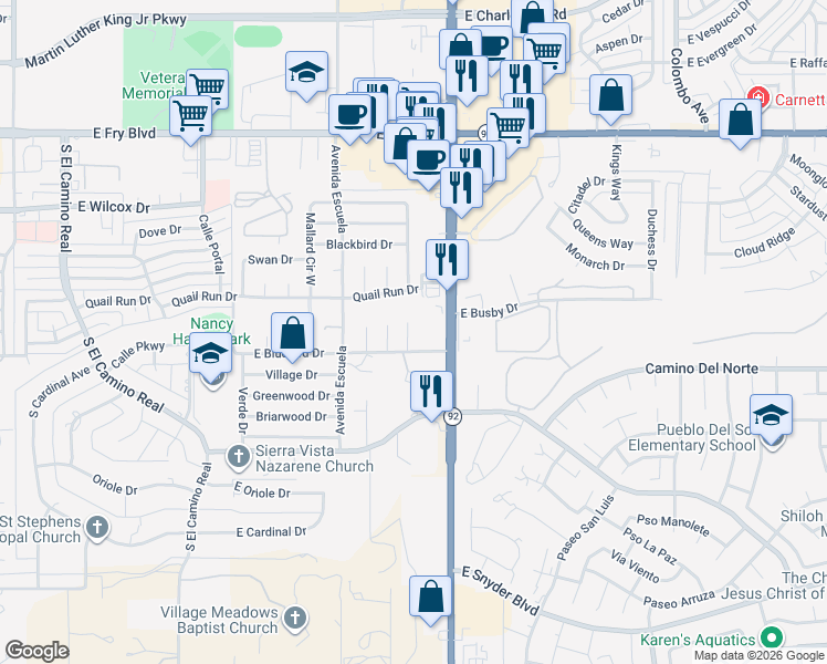 map of restaurants, bars, coffee shops, grocery stores, and more near 3959 Mallard Place in Sierra Vista