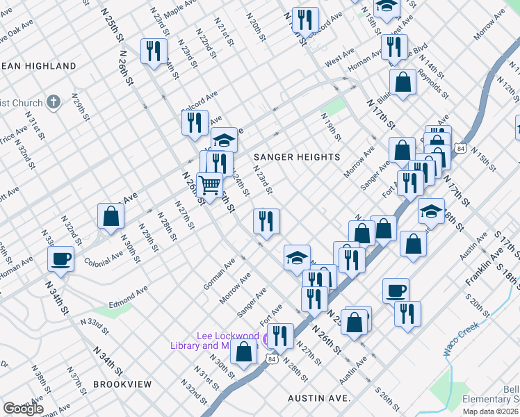 map of restaurants, bars, coffee shops, grocery stores, and more near 2315 Gorman Avenue in Waco