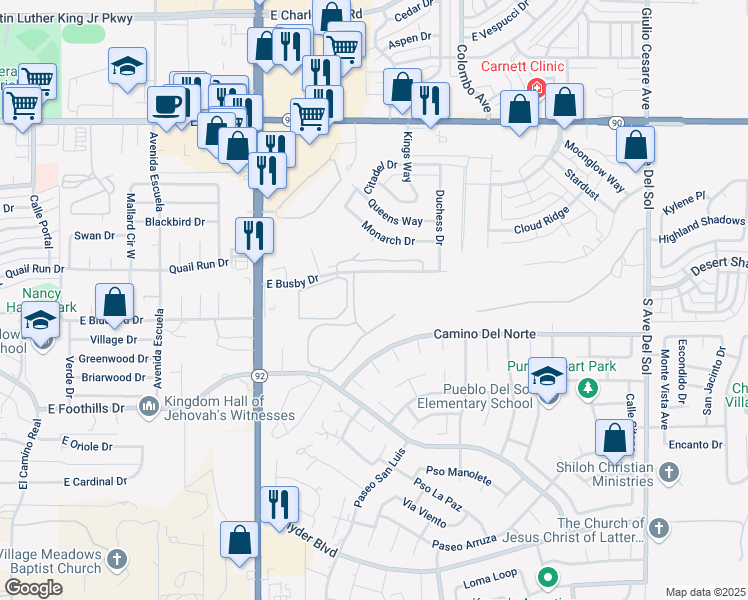 map of restaurants, bars, coffee shops, grocery stores, and more near 4400 East Busby Drive in Sierra Vista