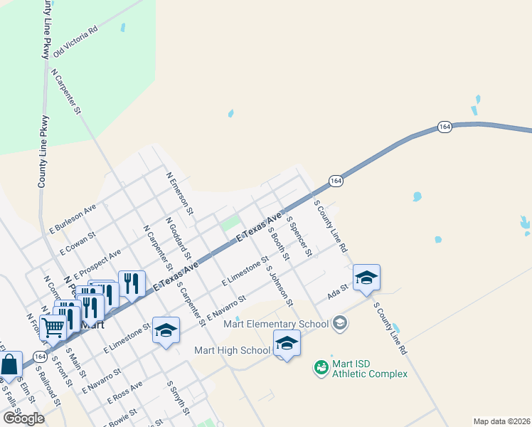 map of restaurants, bars, coffee shops, grocery stores, and more near 1311 East Texas Avenue in Mart