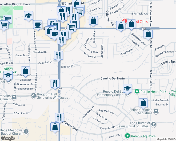 map of restaurants, bars, coffee shops, grocery stores, and more near 4400 East Busby Drive in Sierra Vista