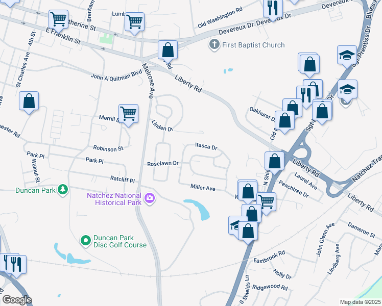 map of restaurants, bars, coffee shops, grocery stores, and more near 2713 Marquette Avenue in Natchez
