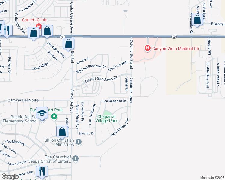 map of restaurants, bars, coffee shops, grocery stores, and more near 728 Hayes Drive in Sierra Vista