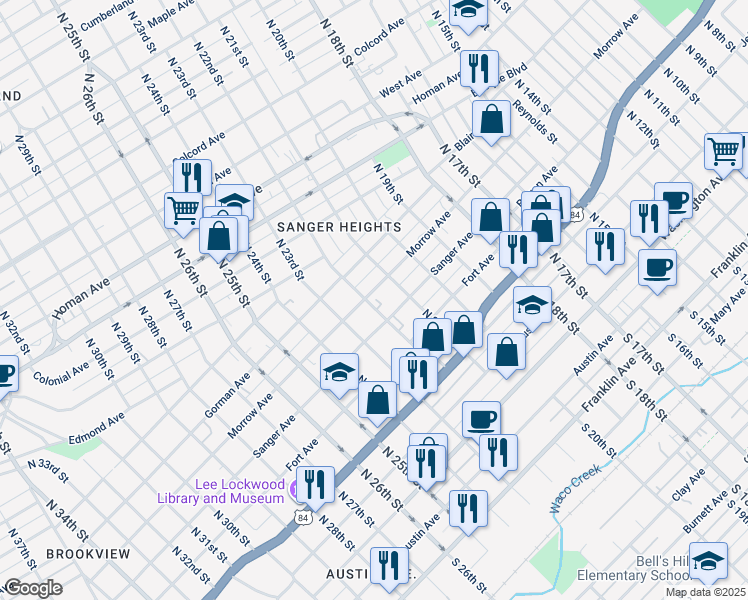 map of restaurants, bars, coffee shops, grocery stores, and more near 2130 Morrow Avenue in Waco