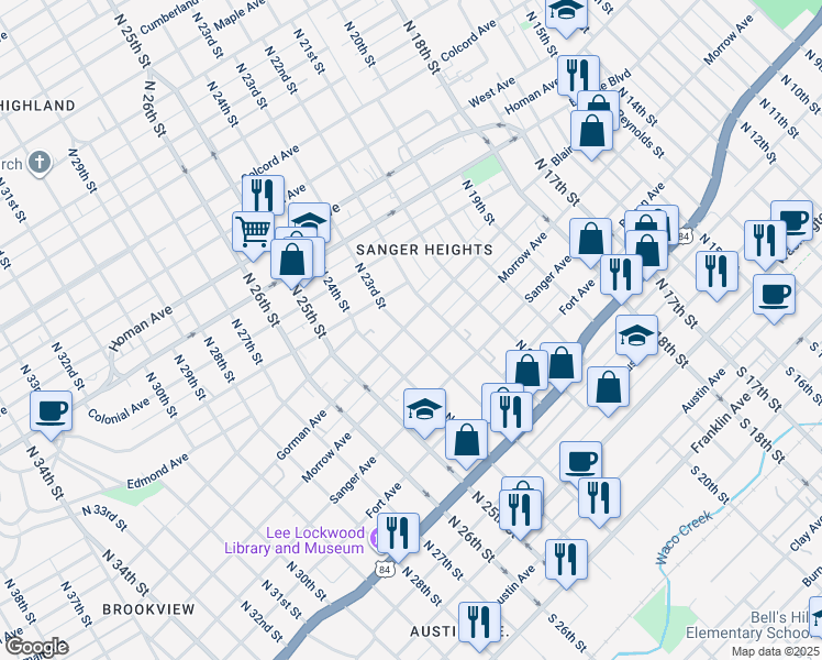map of restaurants, bars, coffee shops, grocery stores, and more near 2226 Gorman Avenue in Waco