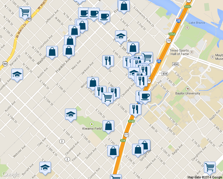 map of restaurants, bars, coffee shops, grocery stores, and more near 717 S 9th St in Waco