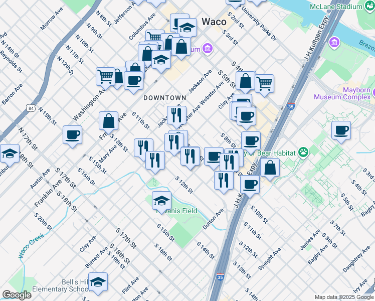 map of restaurants, bars, coffee shops, grocery stores, and more near 623 South 10th Street in Waco