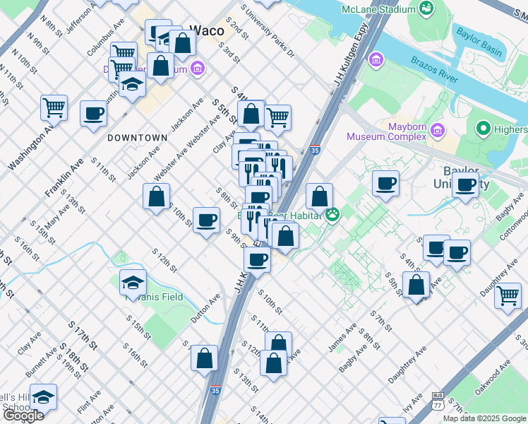map of restaurants, bars, coffee shops, grocery stores, and more near 901 South 7th Street in Waco