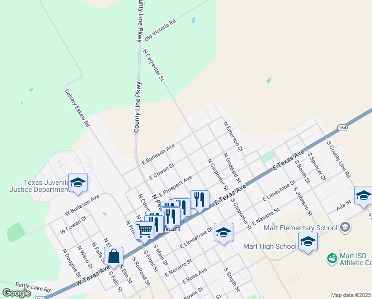 map of restaurants, bars, coffee shops, grocery stores, and more near 701 East Cowan Street in Mart