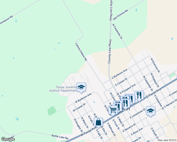 map of restaurants, bars, coffee shops, grocery stores, and more near 617 Calvery Eskew Rd in Mart