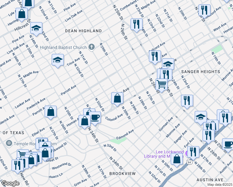 map of restaurants, bars, coffee shops, grocery stores, and more near 3017 Homan Avenue in Waco