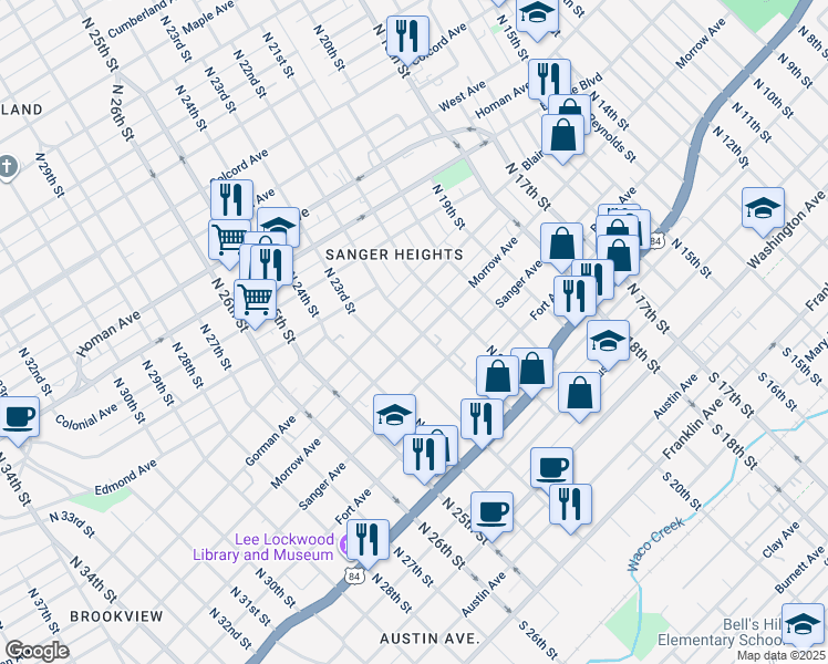 map of restaurants, bars, coffee shops, grocery stores, and more near 2130 Morrow Avenue in Waco