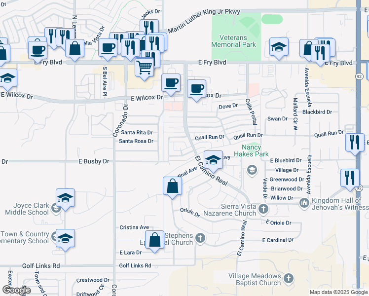 map of restaurants, bars, coffee shops, grocery stores, and more near 2601 Paseo Media in Sierra Vista