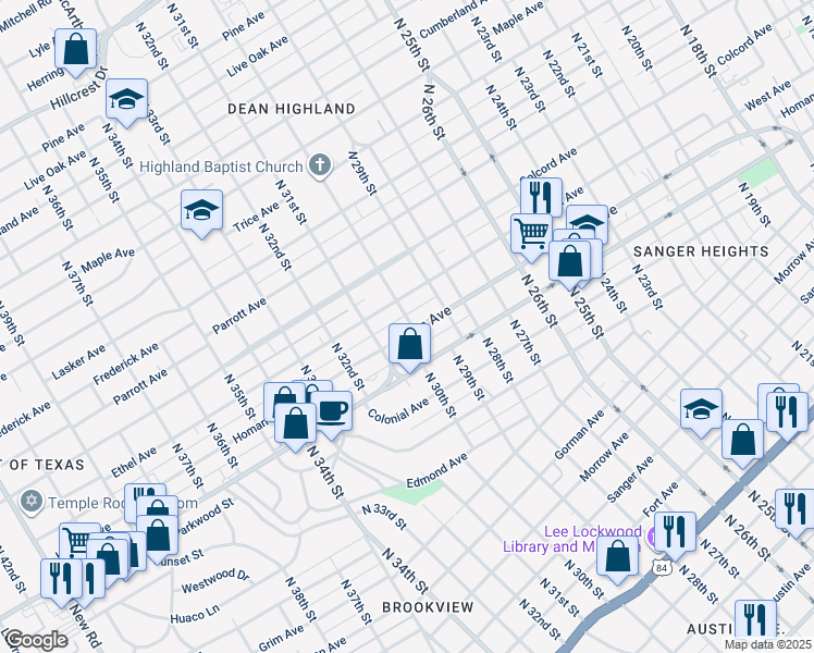 map of restaurants, bars, coffee shops, grocery stores, and more near 3017 Homan Avenue in Waco